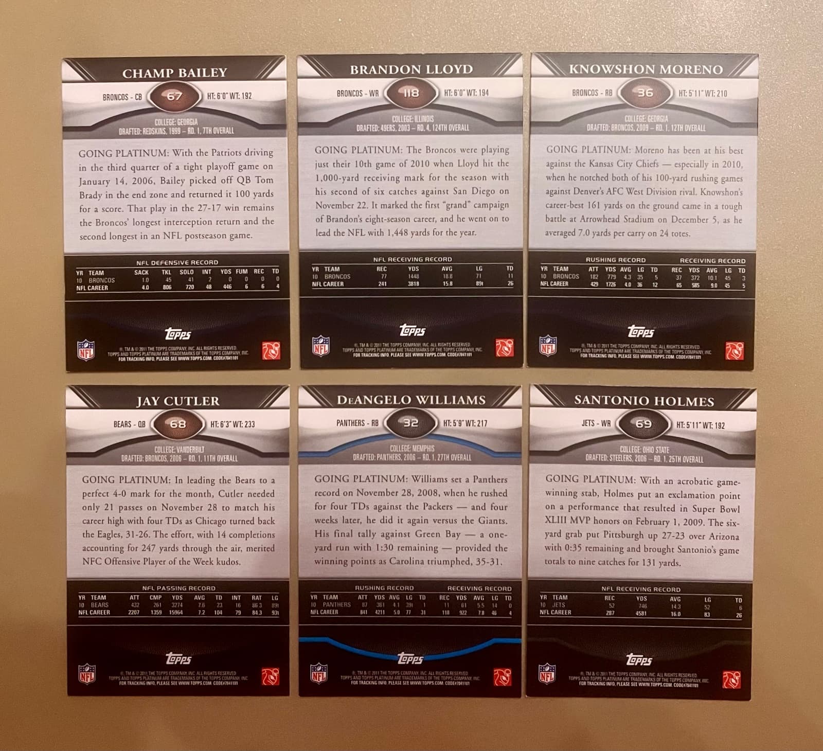 2011 Topps Platinum Football Card Lot Champ Bailey Lloyd Moreno Cutler + More back